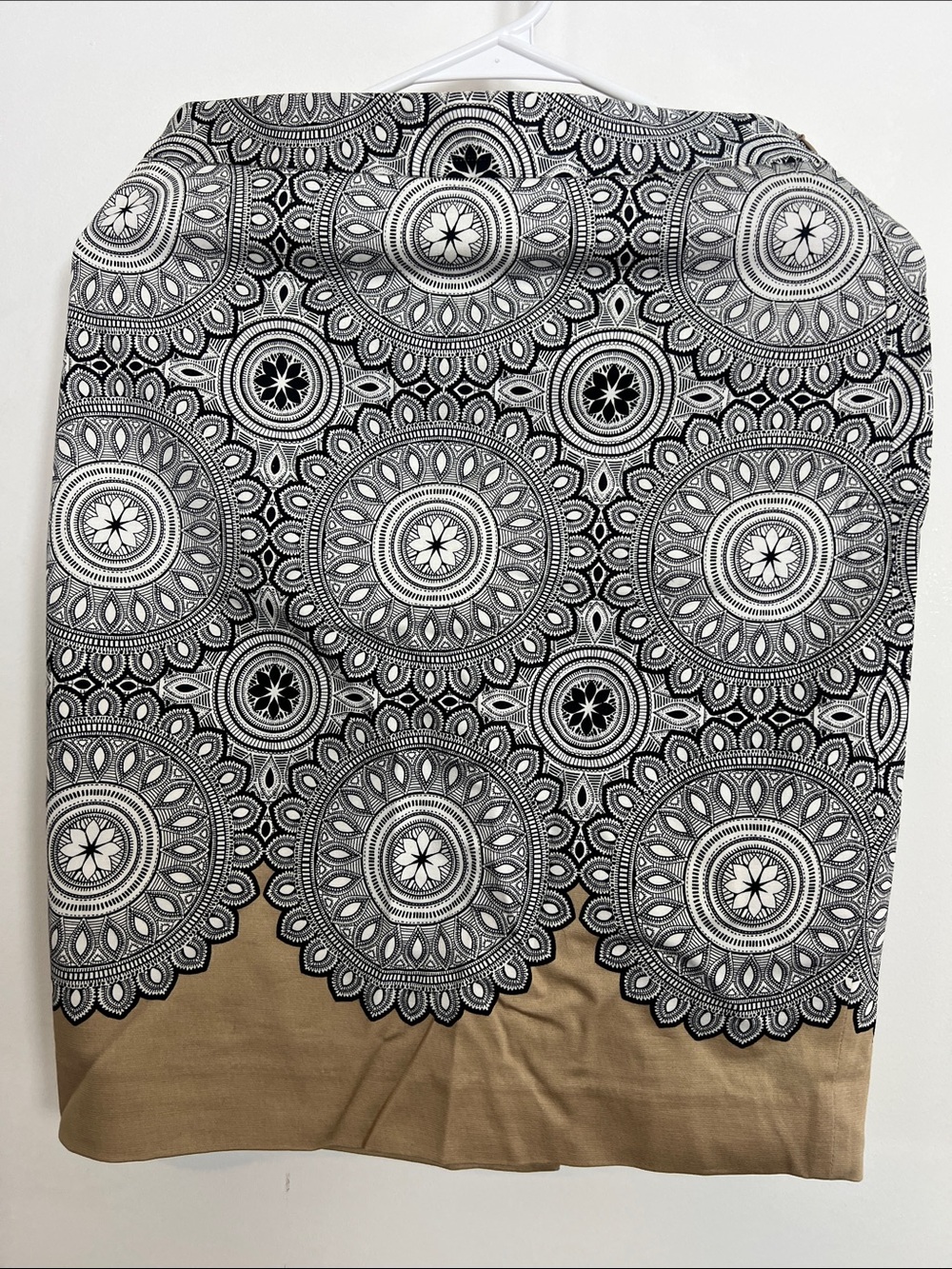 The Limited Black and Tan Midi Skirt with Lace-Inspired Medallion Print